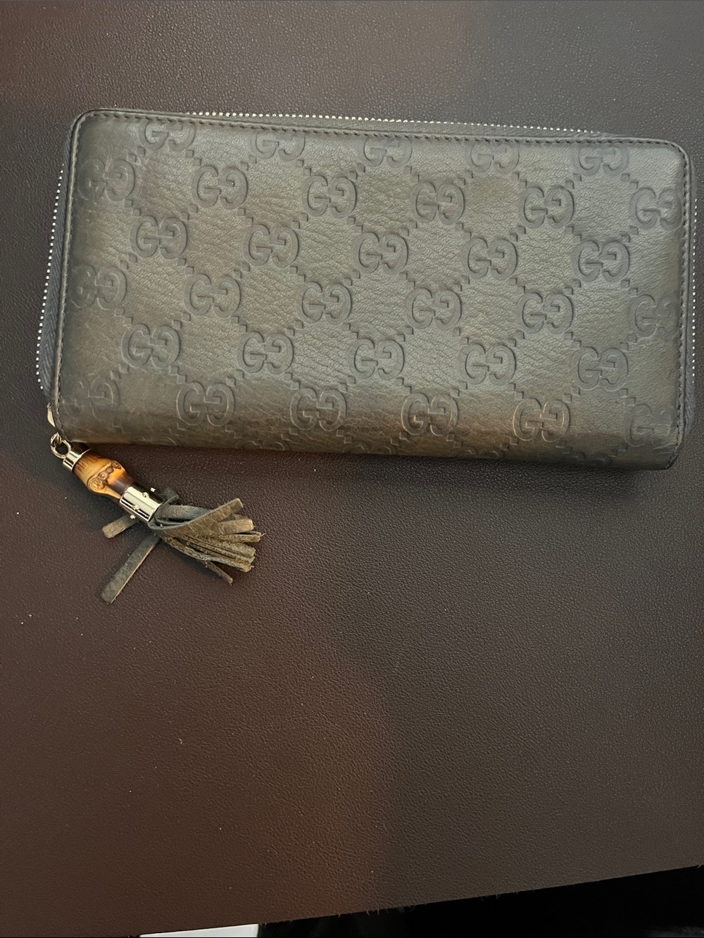Gucci Guccissima Gun-Metal Gray GG-Embossed Leather Zip Wallet with Tassel Pull